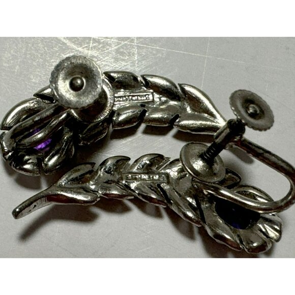 Art Decco Style Silver Marcasite Amethyst Feather Leaf Screw Back Vintage Earrin - Picture 4 of 4